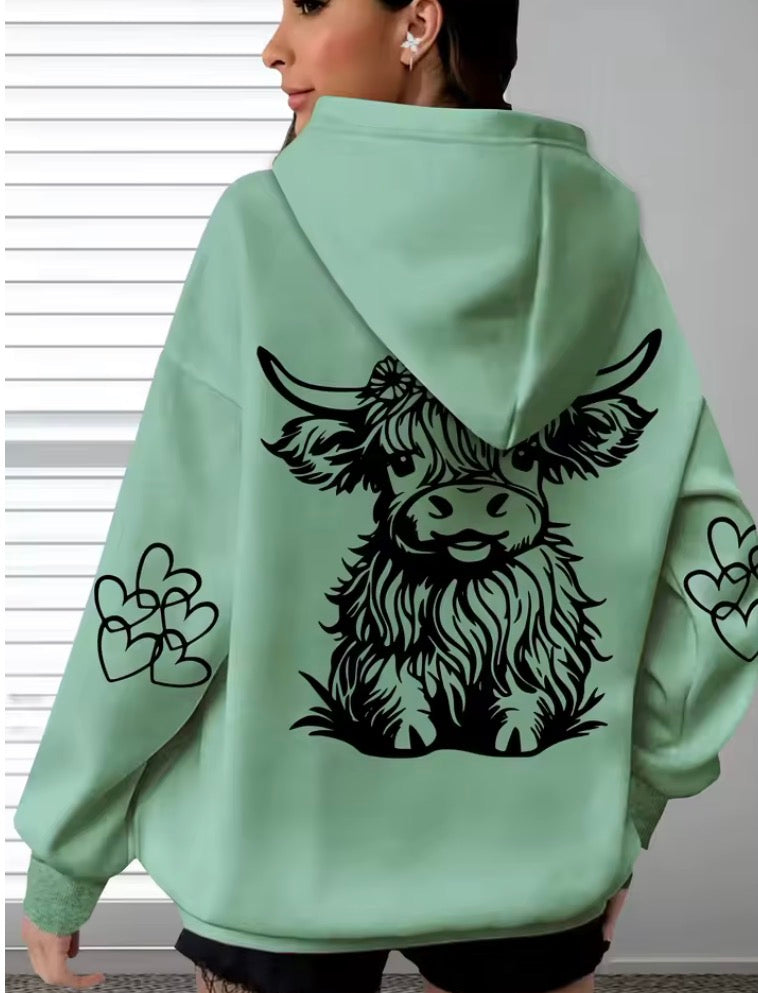 Women's Oversized Comfort Hoodie with Highland Cow Print