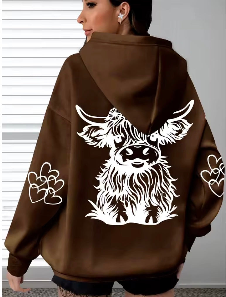 Women's Oversized Comfort Hoodie with Highland Cow Print