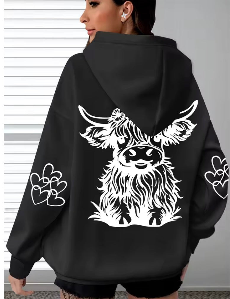 Women's Oversized Comfort Hoodie with Highland Cow Print