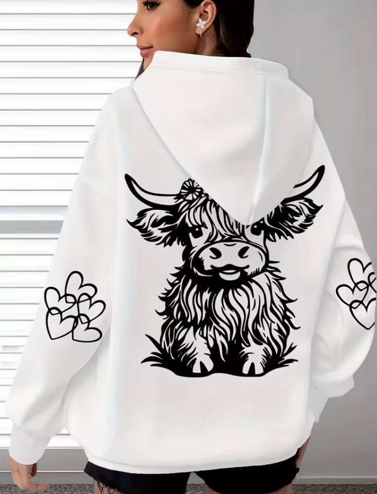 Women's Oversized Comfort Hoodie with Highland Cow Print