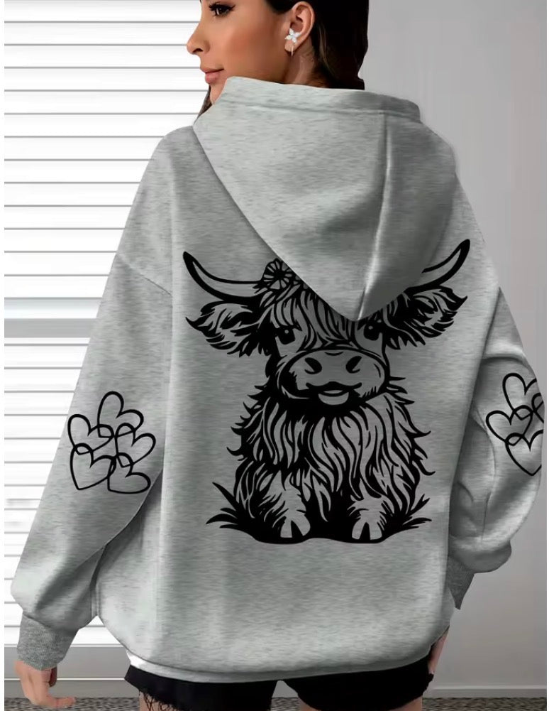 Women's Oversized Comfort Hoodie with Highland Cow Print