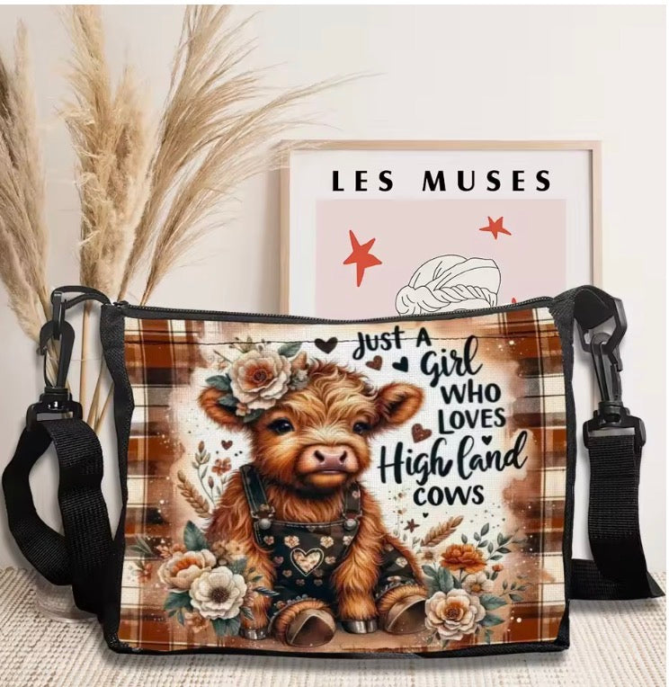 Highland Cow and Floral Pattern Crossbody Bag