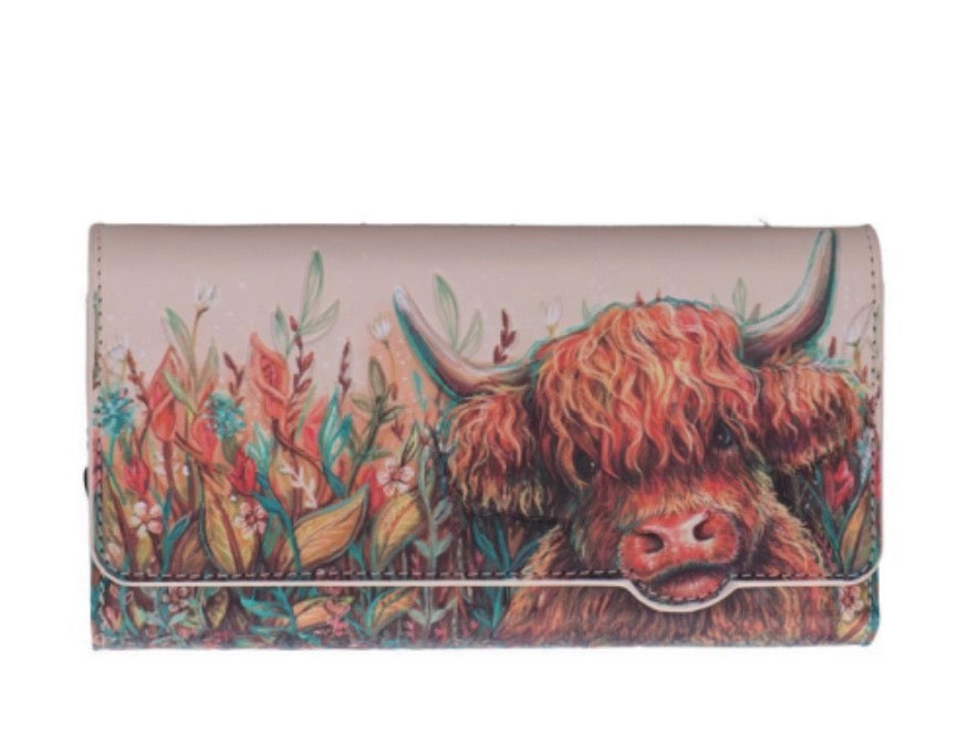 Super Cute Highland Cow Coo Embossed Magnetic Leather Purse