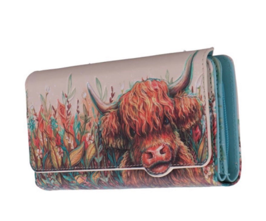 Super Cute Highland Cow Coo Embossed Magnetic Leather Purse
