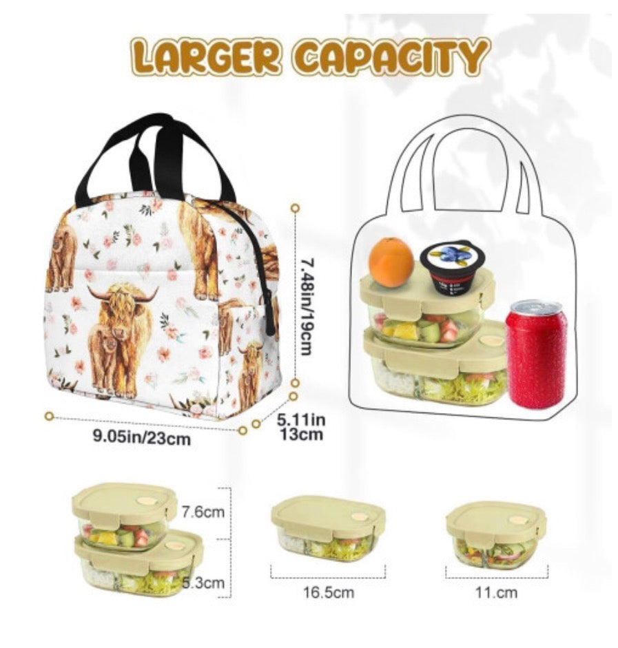 Highland Cow Spring Pink Floral Insulated Lunch Bag