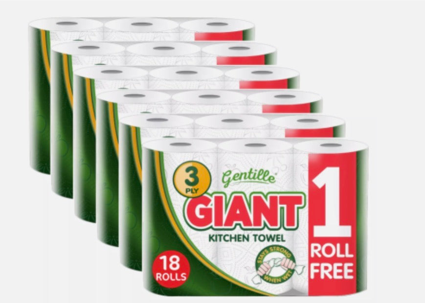 (18 Rolls) Gentille Kitchen Roll Giant 3PLY Thickness Durable