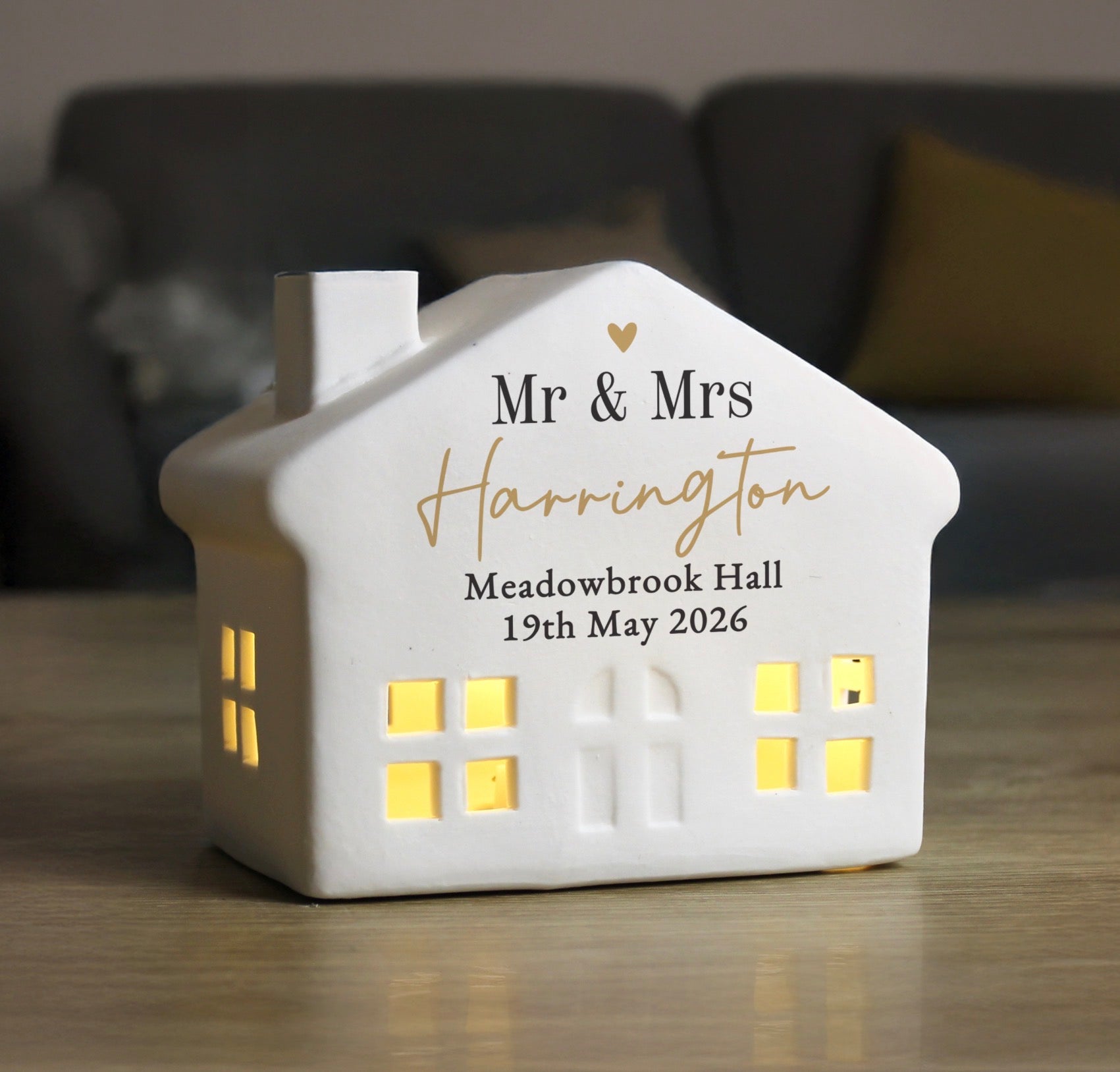 Personalised Black & Gold Free Text Ceramic LED House