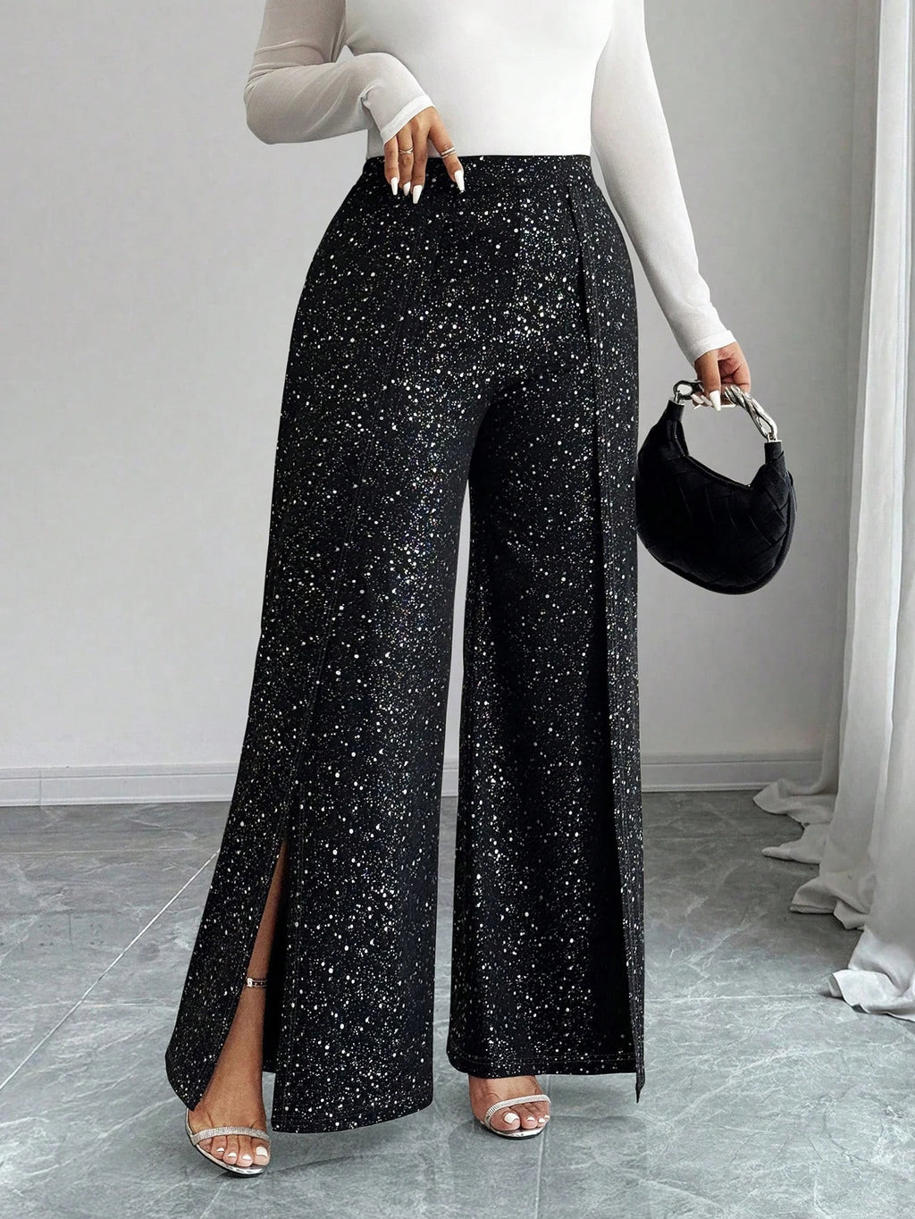 🌟 Plus Size Sparkly Wide Leg Trousers with Side Splits 🌟