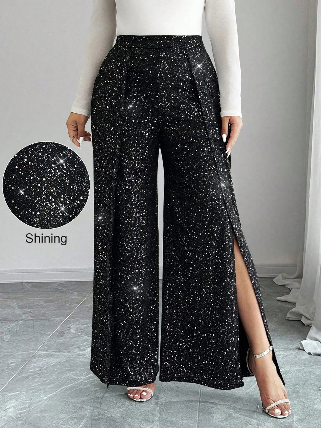 🌟 Plus Size Sparkly Wide Leg Trousers with Side Splits 🌟