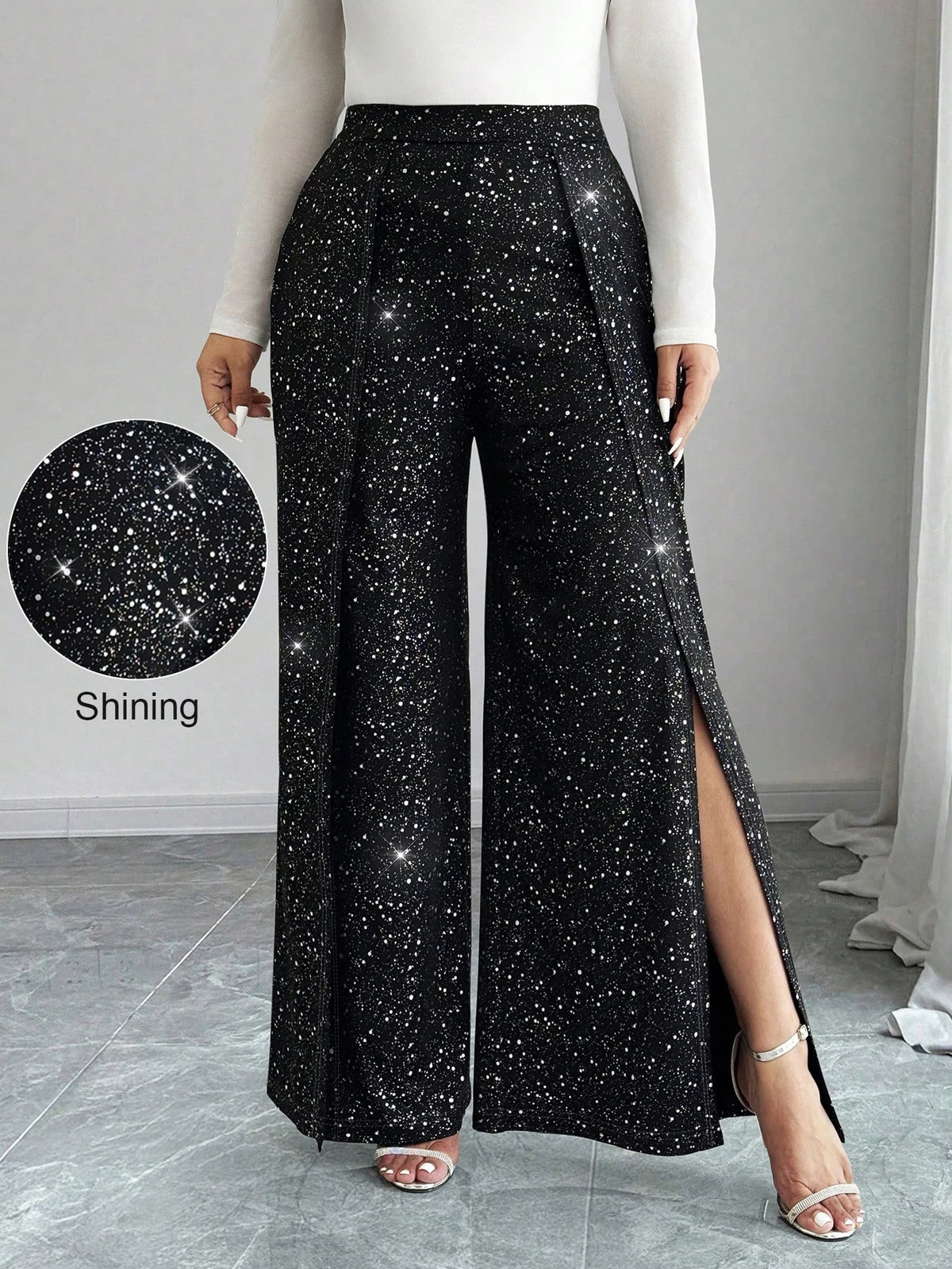 🌟 Plus Size Sparkly Wide Leg Trousers with Side Splits 🌟