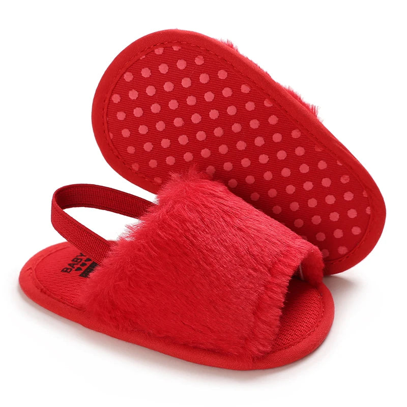 🌟 Baby Fluffy Faux Fur Slippers – Soft Sole Cosy Sandals (0–18 Months) 🌟