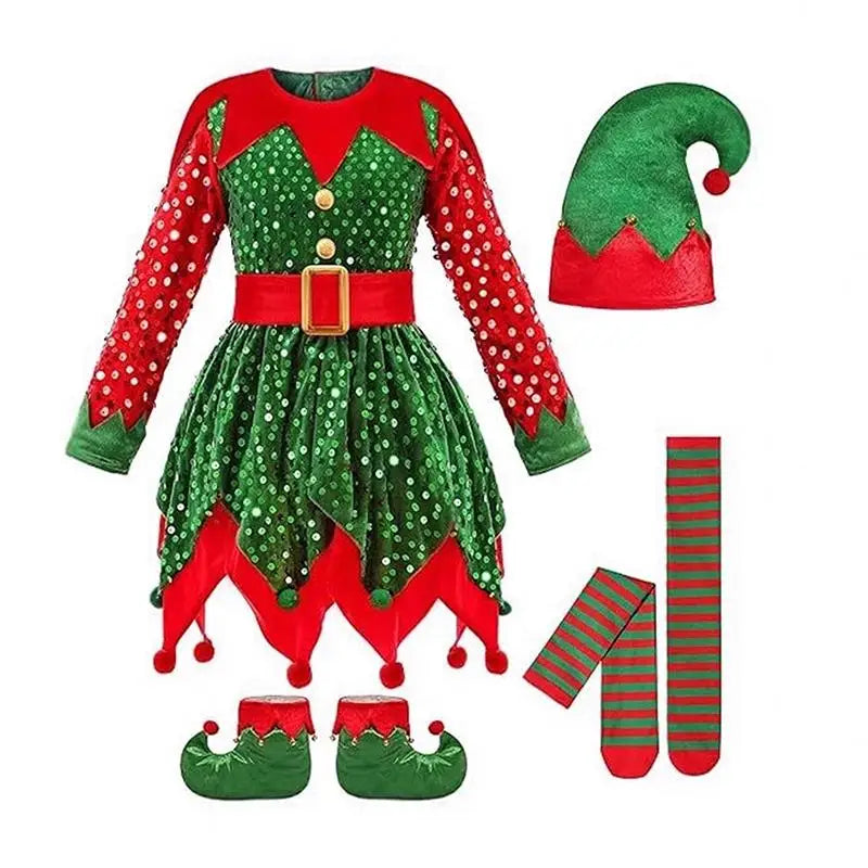 🌟 Girls Sparkly Christmas Elf Costume & Festive Party Outfit 🌟