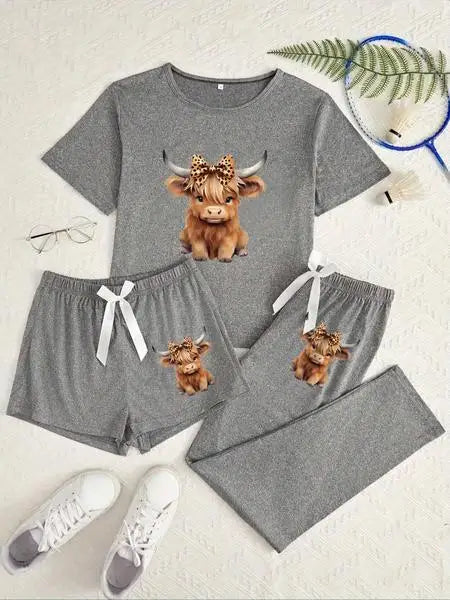 🌟 Ladies Highland Cow Print Pyjama Set – 3 Piece Nightwear 🌟