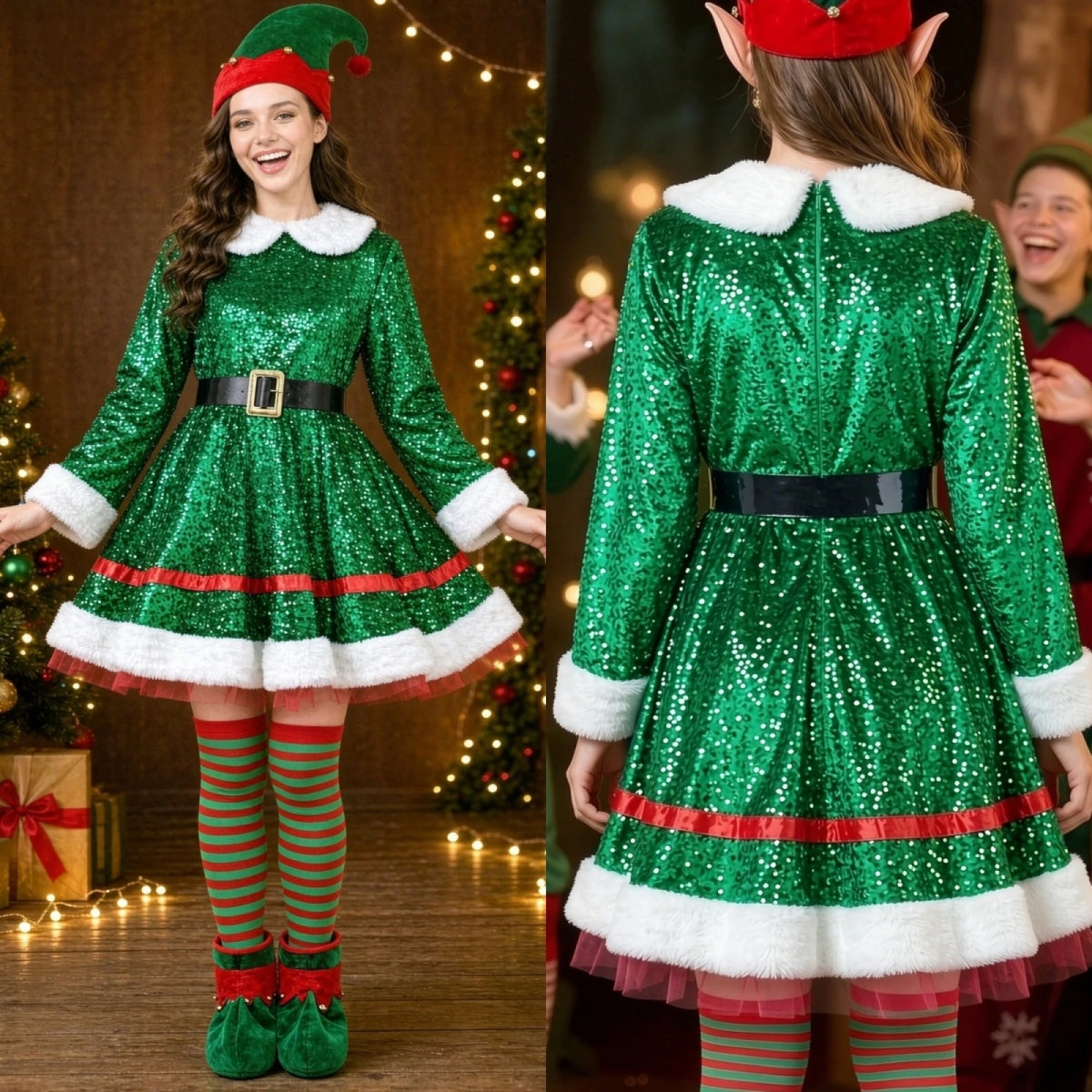 🌟 Ladies Sparkly Christmas Elf Costume – 5-Piece Set 🌟