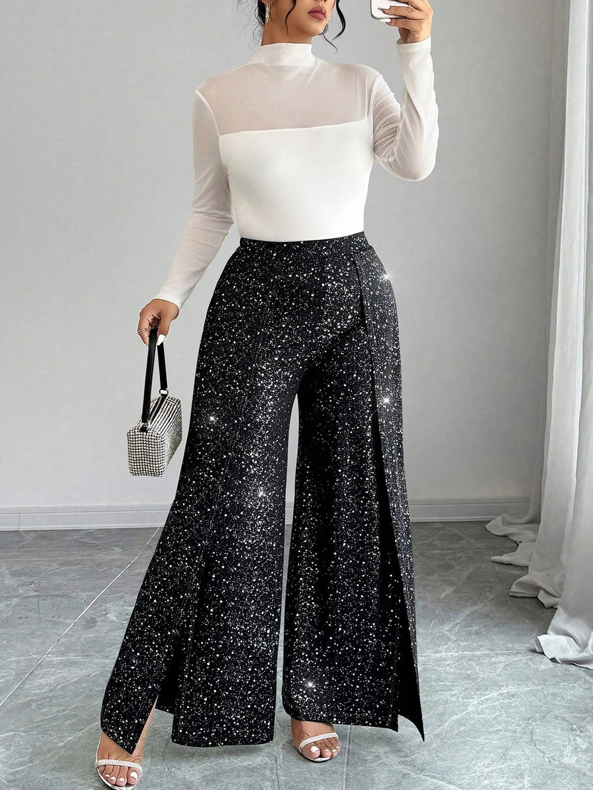 🌟 Plus Size Sparkly Wide Leg Trousers with Side Splits 🌟