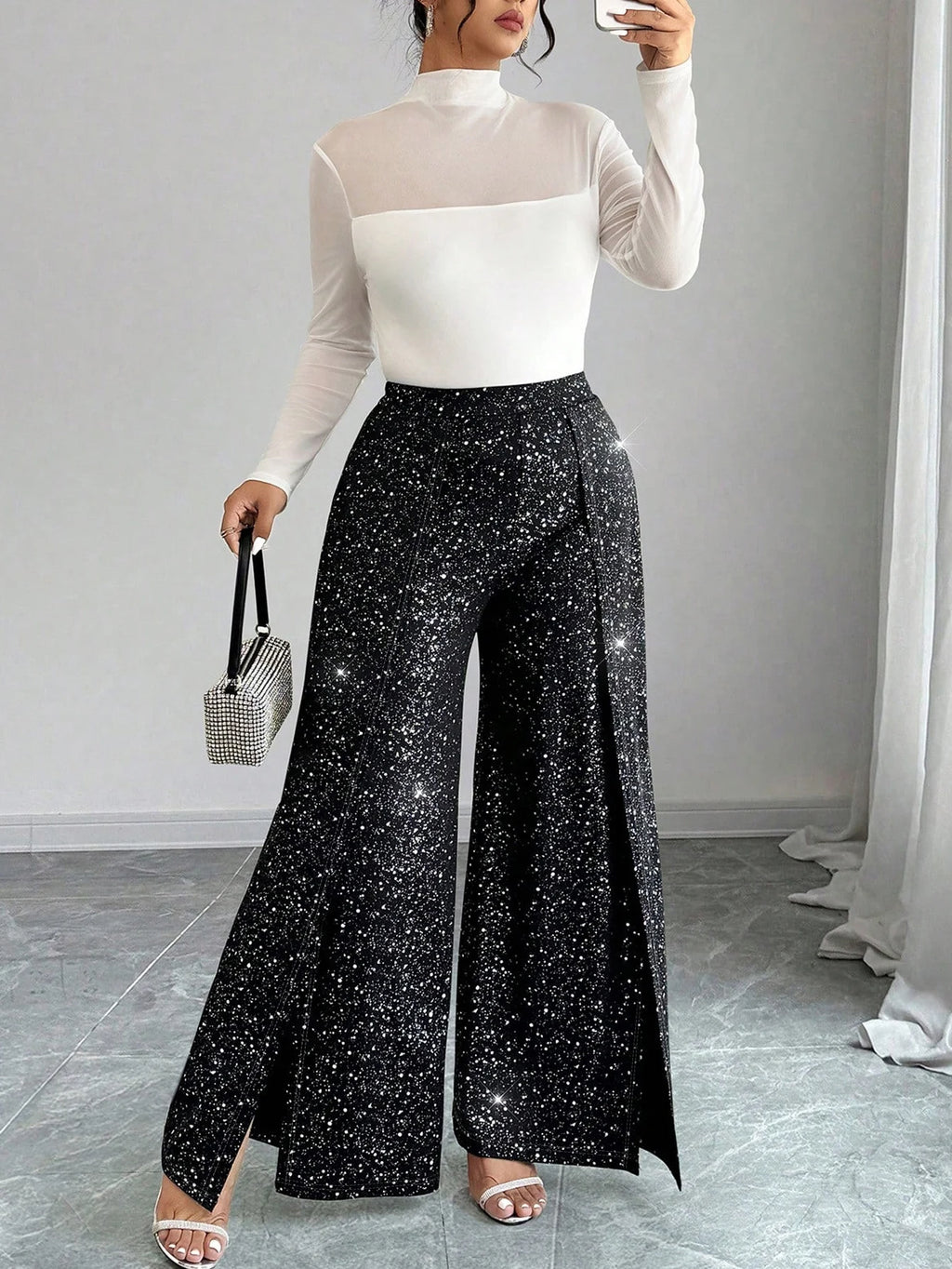 🌟 Plus Size Sparkly Wide Leg Trousers with Side Splits 🌟
