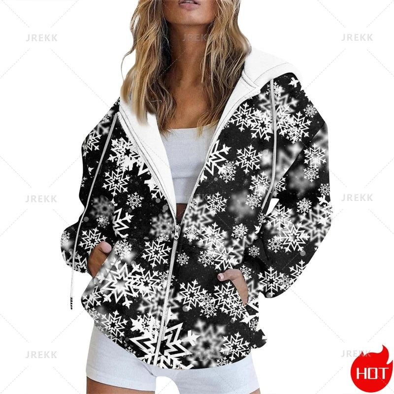 🌟 Women's Festive Christmas Print Zip-Up Jacket – Casual Long Sleeve Cardigan 🌟