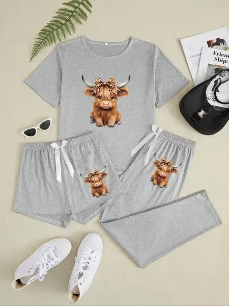 🌟 Ladies Highland Cow Print Pyjama Set – 3 Piece Nightwear 🌟