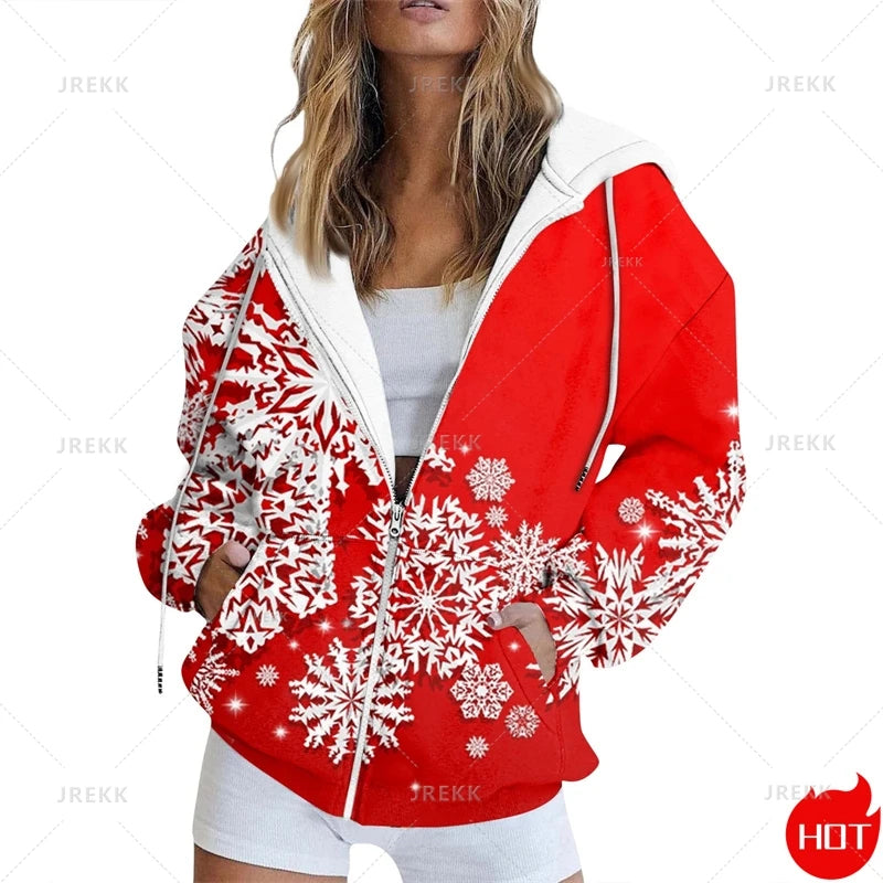 🌟 Women's Festive Christmas Print Zip-Up Jacket – Casual Long Sleeve Cardigan 🌟