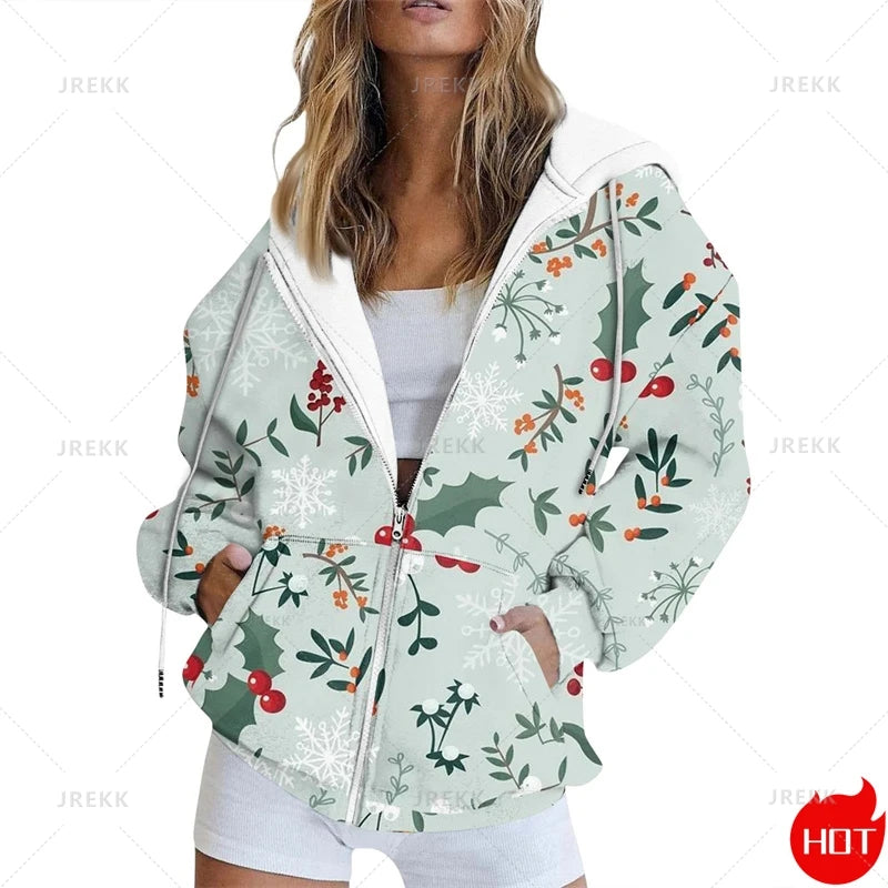 🌟 Women's Festive Christmas Print Zip-Up Jacket – Casual Long Sleeve Cardigan 🌟