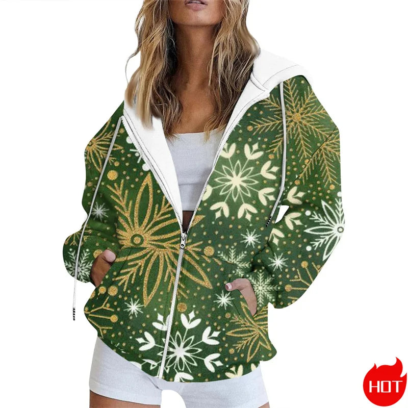 🌟 Women's Festive Christmas Print Zip-Up Jacket – Casual Long Sleeve Cardigan 🌟