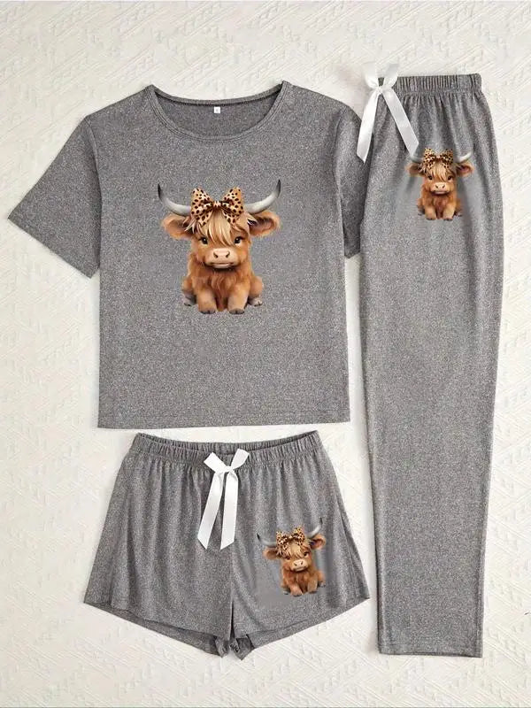 🌟 Ladies Highland Cow Print Pyjama Set – 3 Piece Nightwear 🌟