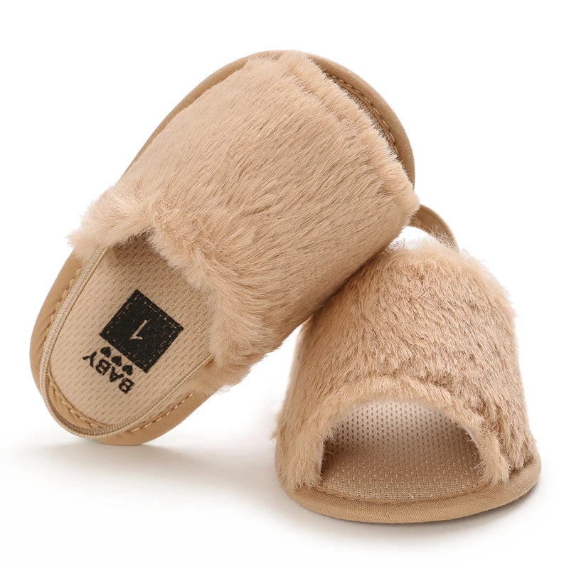 🌟 Baby Fluffy Faux Fur Slippers – Soft Sole Cosy Sandals (0–18 Months) 🌟