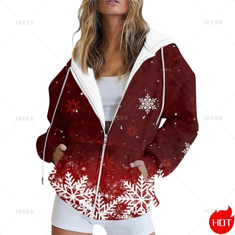🌟 Women's Festive Christmas Print Zip-Up Jacket – Casual Long Sleeve Cardigan 🌟