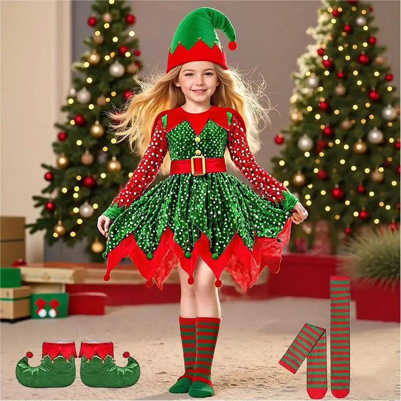 🌟 Girls Sparkly Christmas Elf Costume & Festive Party Outfit 🌟