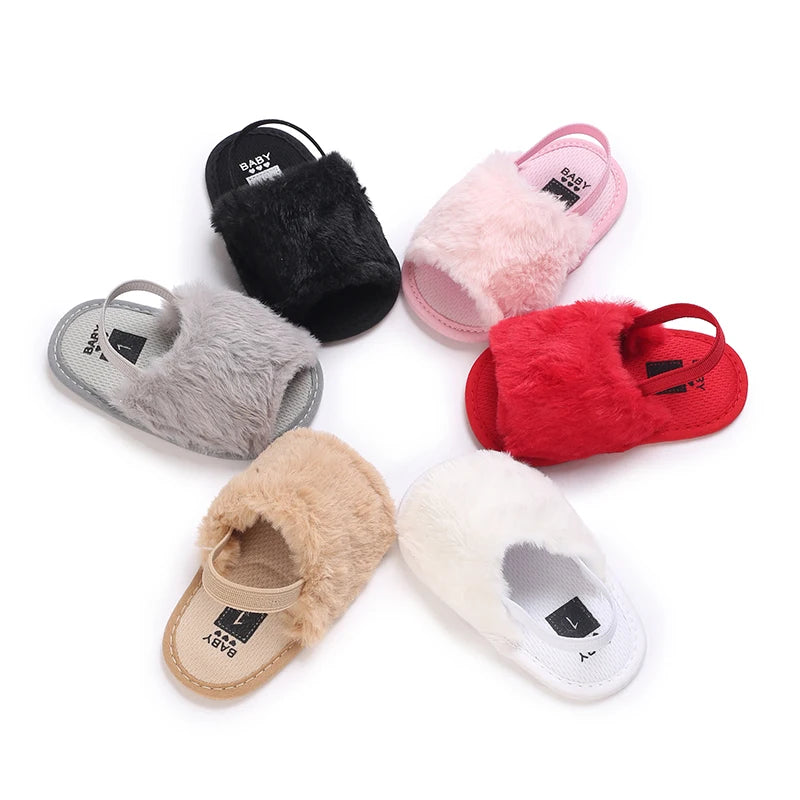 🌟 Baby Fluffy Faux Fur Slippers – Soft Sole Cosy Sandals (0–18 Months) 🌟