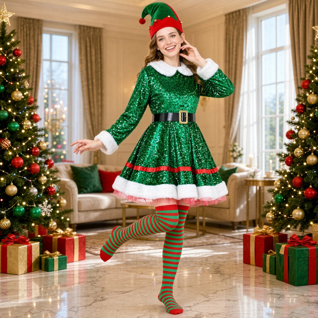 🌟 Ladies Sparkly Christmas Elf Costume – 5-Piece Set 🌟