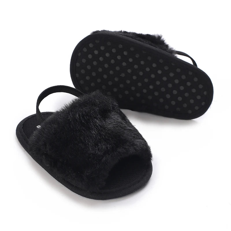 🌟 Baby Fluffy Faux Fur Slippers – Soft Sole Cosy Sandals (0–18 Months) 🌟