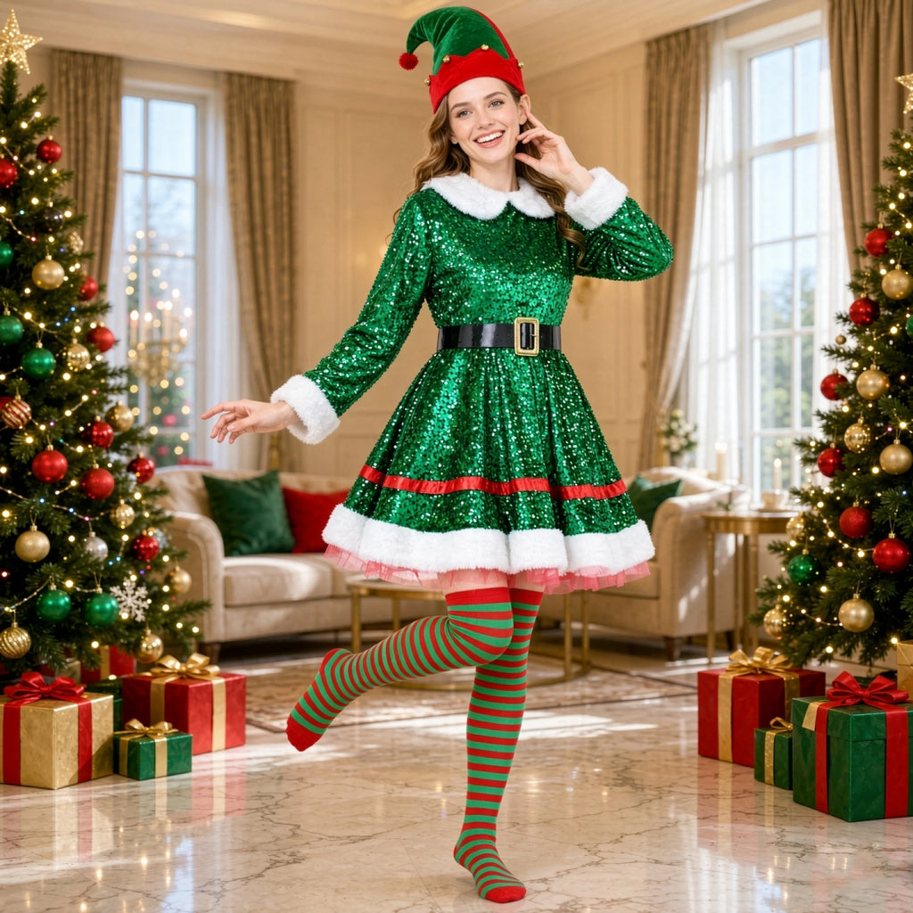 🌟 Ladies Sparkly Christmas Elf Costume – 5-Piece Set 🌟