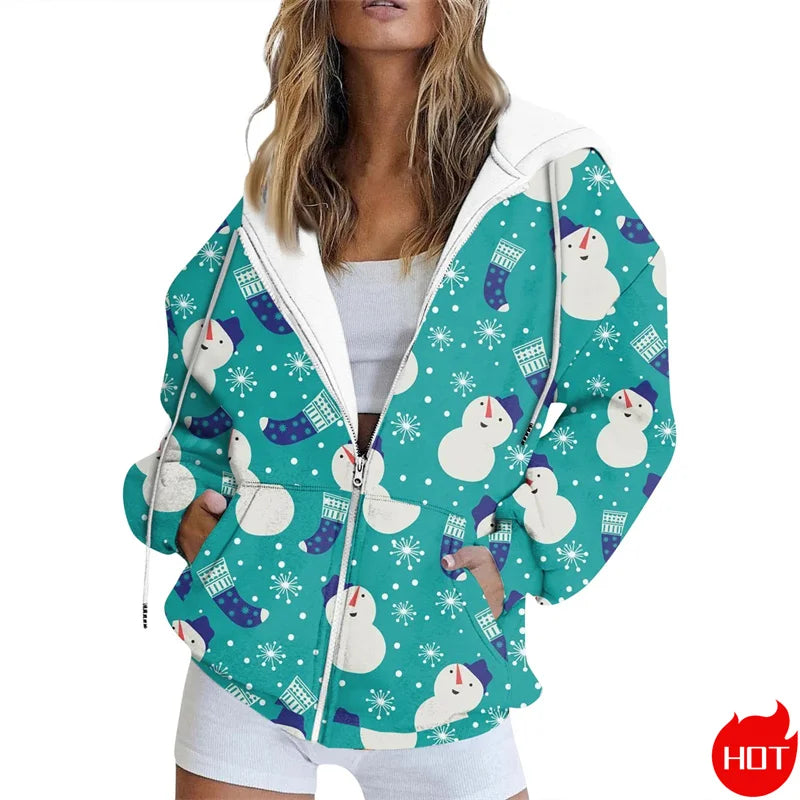 🌟 Women's Festive Christmas Print Zip-Up Jacket – Casual Long Sleeve Cardigan 🌟