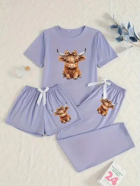 🌟 Ladies Highland Cow Print Pyjama Set – 3 Piece Nightwear 🌟