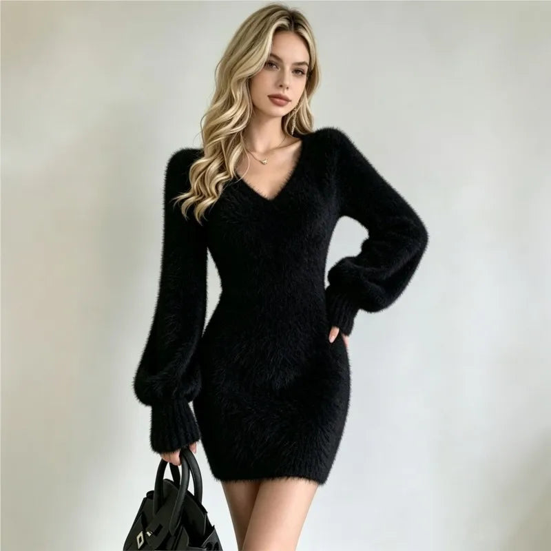🌟Fluffy V-Neck Knitted Mini Dress 🌟