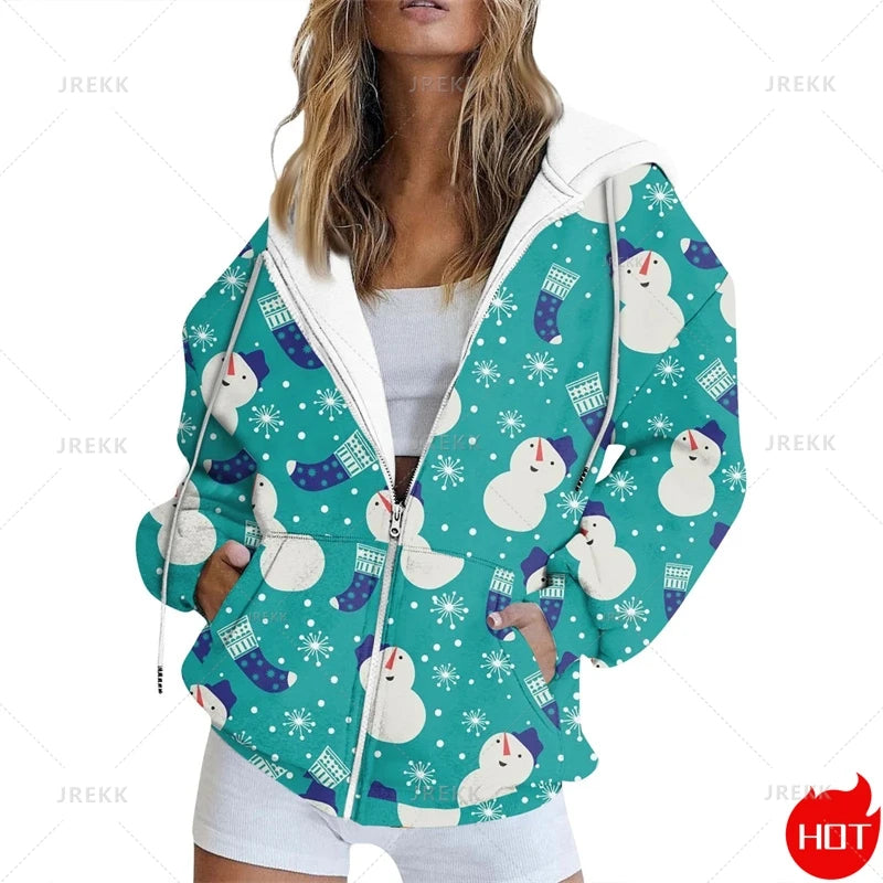 🌟 Women's Festive Christmas Print Zip-Up Jacket – Casual Long Sleeve Cardigan 🌟