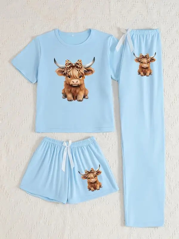 🌟 Ladies Highland Cow Print Pyjama Set – 3 Piece Nightwear 🌟