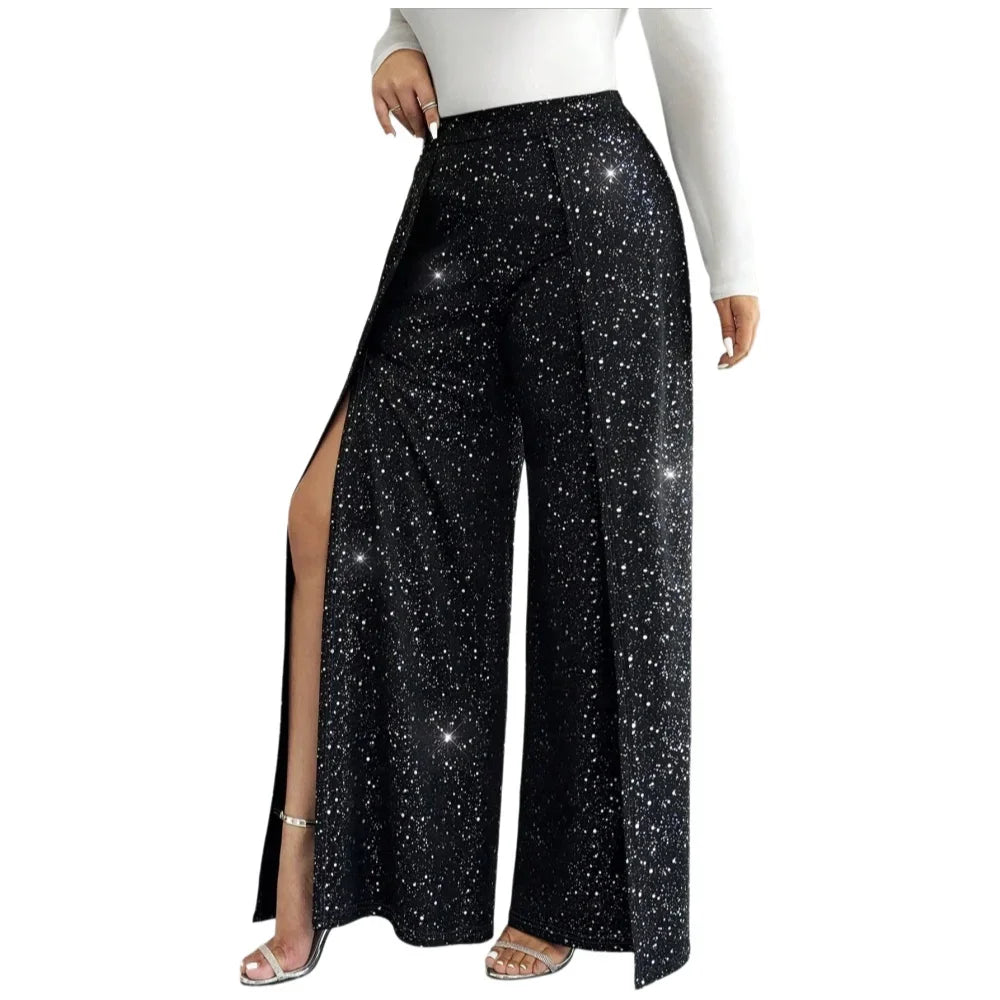 🌟 Plus Size Sparkly Wide Leg Trousers with Side Splits 🌟