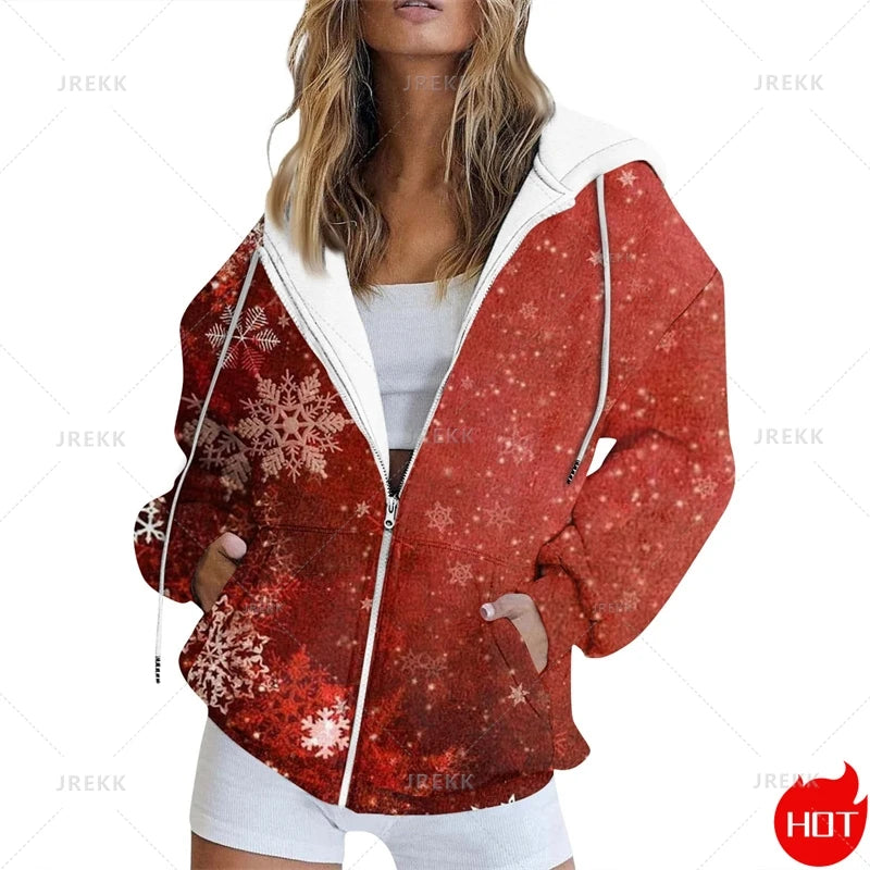 🌟 Women's Festive Christmas Print Zip-Up Jacket – Casual Long Sleeve Cardigan 🌟