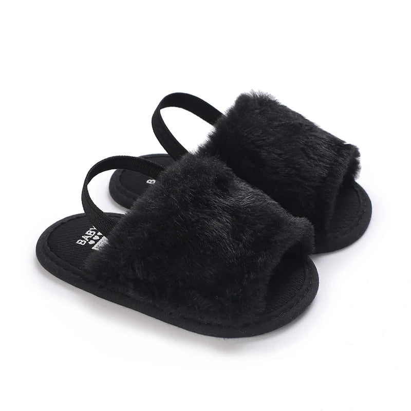 🌟 Baby Fluffy Faux Fur Slippers – Soft Sole Cosy Sandals (0–18 Months) 🌟