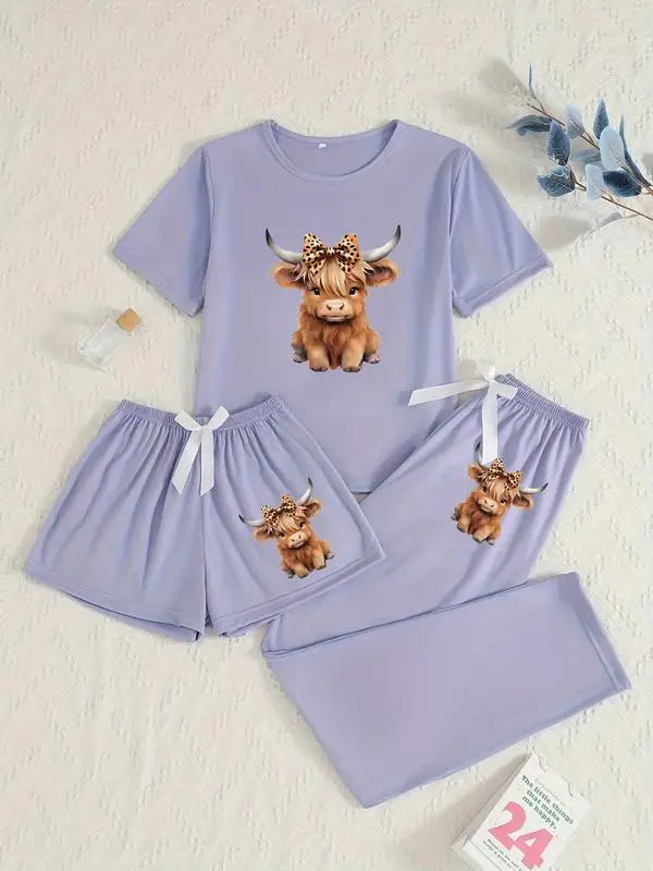 🌟 Ladies Highland Cow Print Pyjama Set – 3 Piece Nightwear 🌟