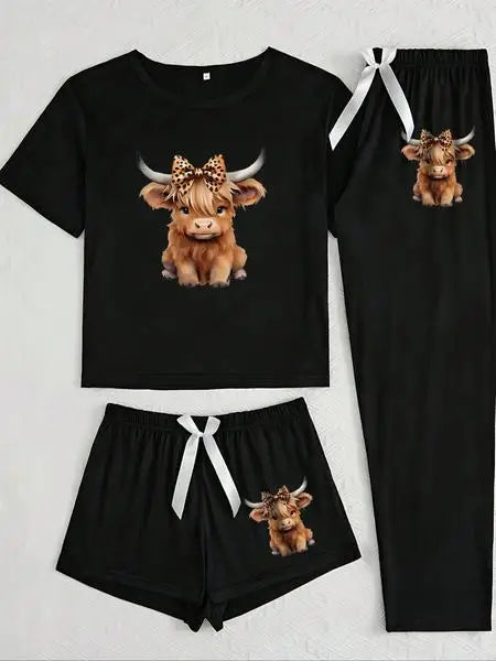 🌟 Ladies Highland Cow Print Pyjama Set – 3 Piece Nightwear 🌟