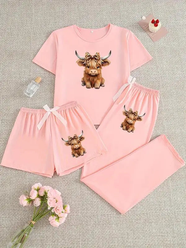 🌟 Ladies Highland Cow Print Pyjama Set – 3 Piece Nightwear 🌟