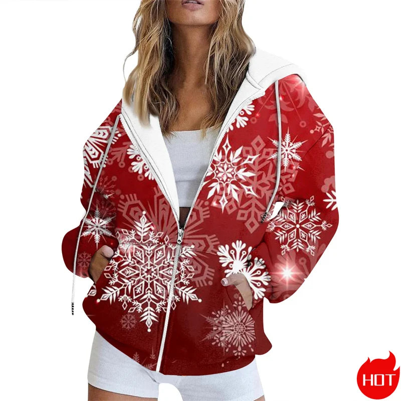 🌟 Women's Festive Christmas Print Zip-Up Jacket – Casual Long Sleeve Cardigan 🌟