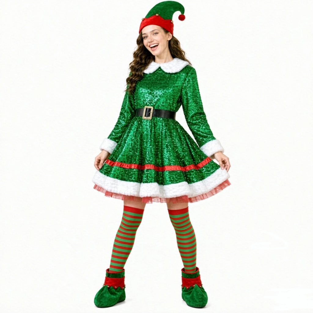 🌟 Ladies Sparkly Christmas Elf Costume – 5-Piece Set 🌟