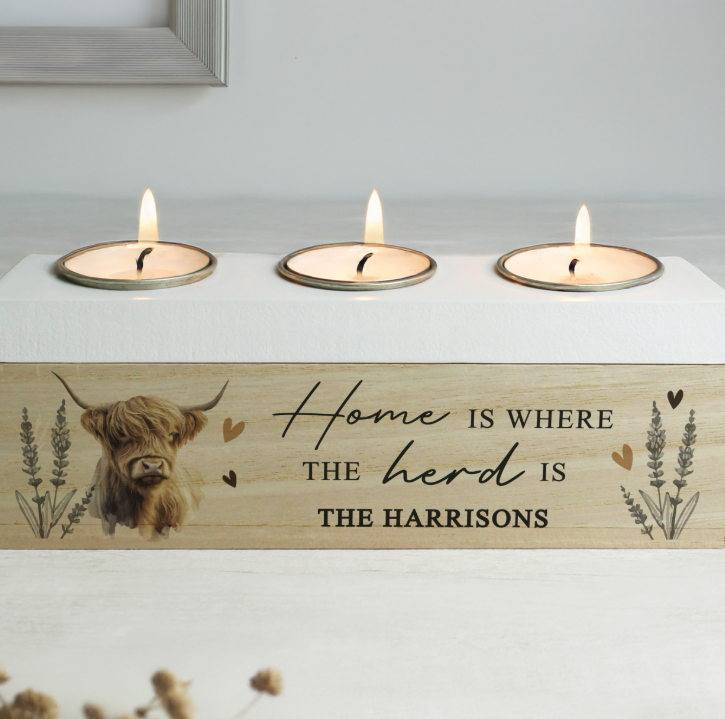 Personalised Highland Cow Triple Tea Light Box