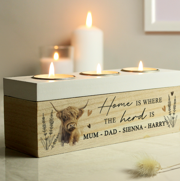 Personalised Highland Cow Triple Tea Light Box