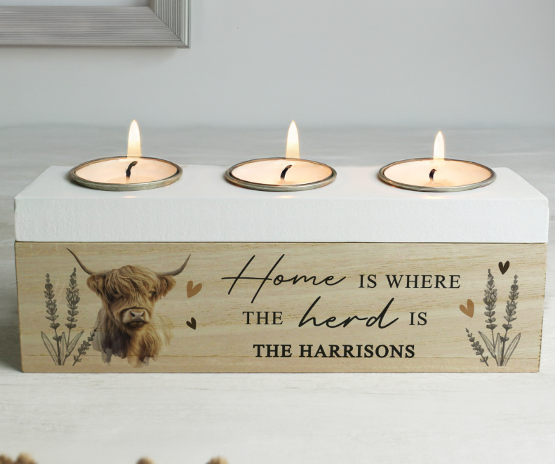 Personalised Highland Cow Triple Tea Light Box