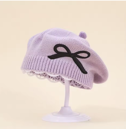 Girls Beret Hat with Bow Knot Knitted Woolen Cap Princess Baby